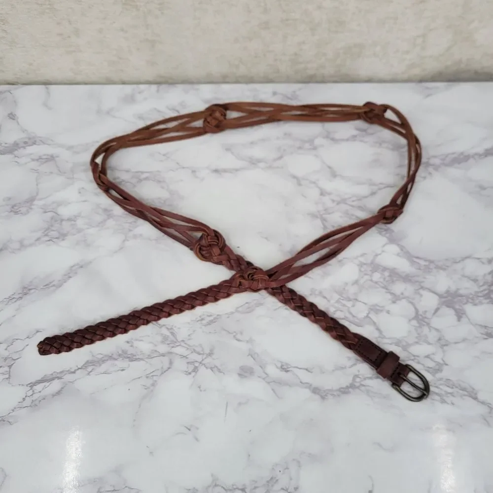 Vintage Plus Size Braided Brown Leather Belt Boho Waist 43-51